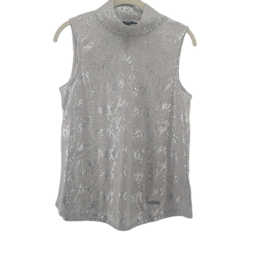 Jones New York Signature Taupe Silver Knit Sleeveless Turtleneck Top Medium M
